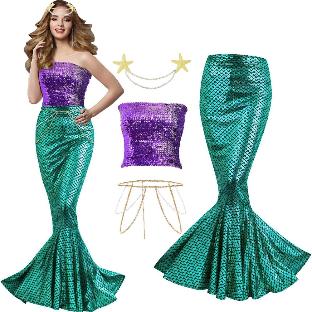 3289 4 Pcs Mermaid Costume Sequin Tube Top Skirt Pearl Waist and Head Chain